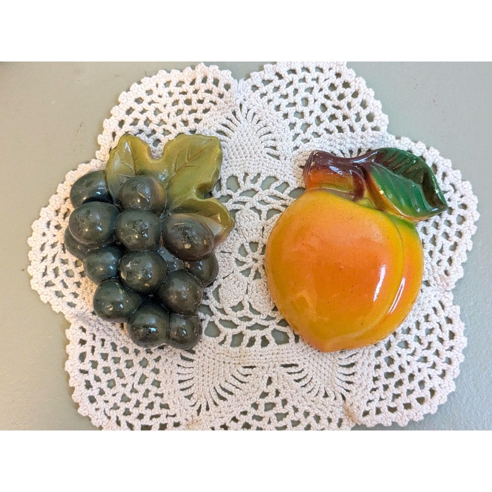 Vintage Ceramic Fruit Wall Plaques Set of 2 – Peach & Grapes Wall Hanging